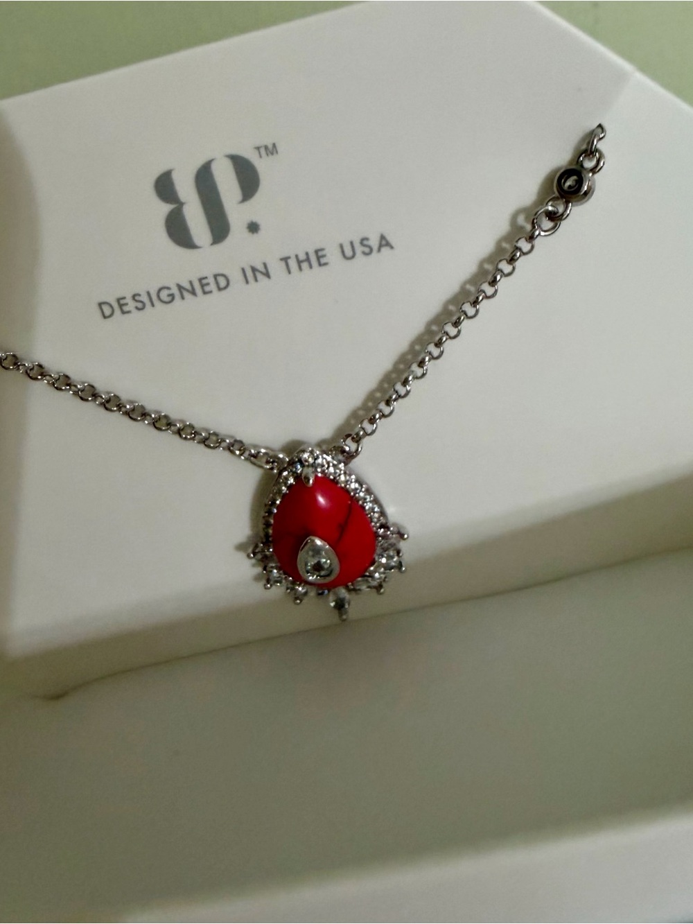 BP SilverNecklace with Red Coral Teardrop and CZ Accent